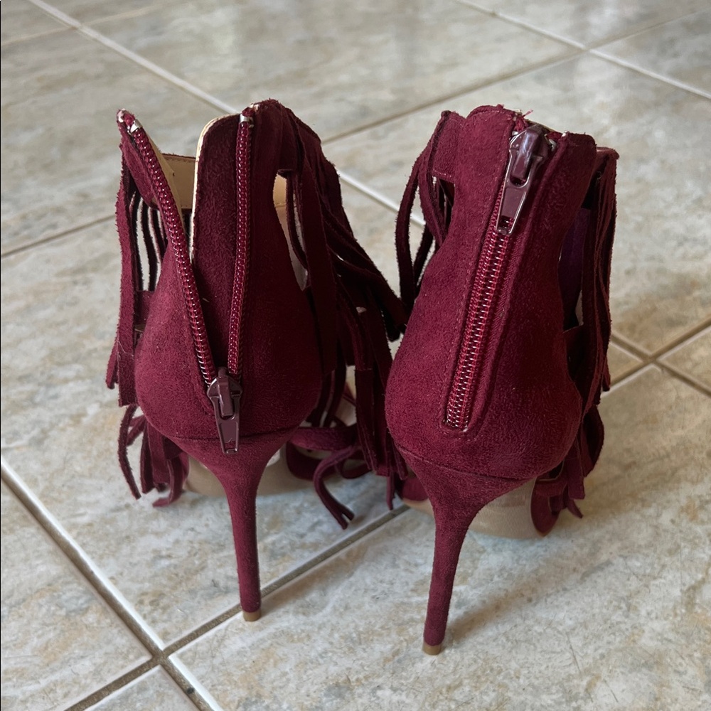 Fringe Burgundy Heeled Sandals - Picture 5 of 10